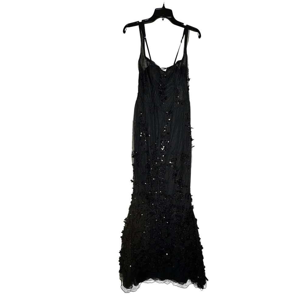 Oh Polly Black Sequin Floral Lace Corset Maxi Dress Lace Up Back Prom Gown US 4 - Picture 5 of 10